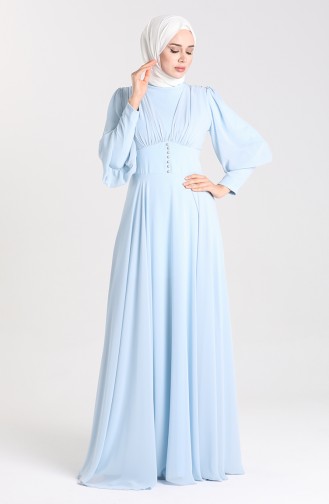 Button Detailed Chiffon Evening Dress 5381-05 Baby Blue 5381-05