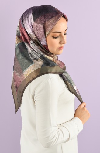 Karaca Desenli Sentetik İpek Twill Eşarp 90766-06 Asker Yeşili Lila