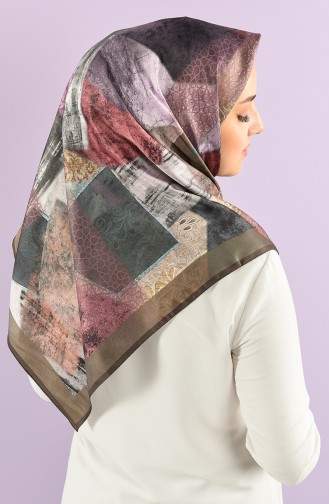 Karaca Desenli Sentetik İpek Twill Eşarp 90766-06 Asker Yeşili Lila