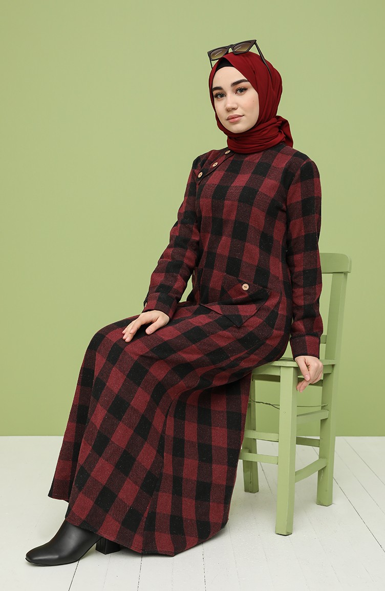 Kareli Kışlık Elbise 4562-03 Mürdüm