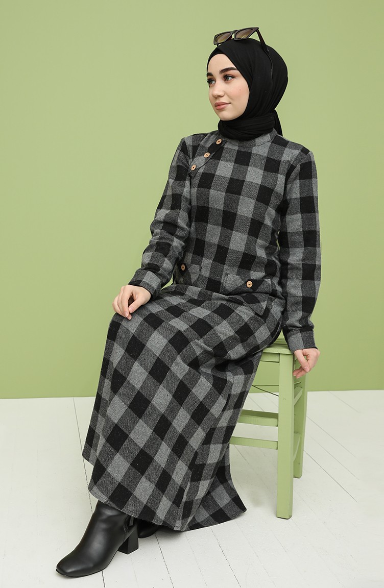 Kareli Kışlık Elbise 4562-05 Gri