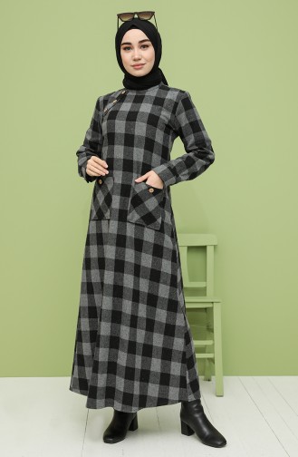 Kareli Kışlık Elbise 4562-05 Gri