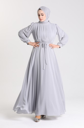 Gray Hijab Evening Dress 4826-06
