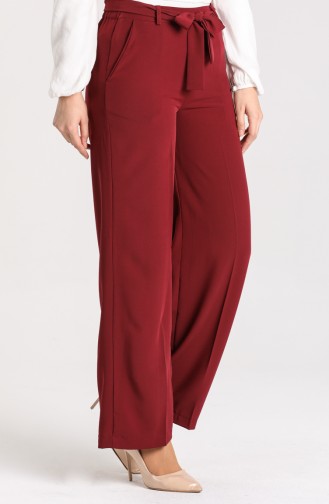 Kuşaklı Bol Paça Pantolon 1012-03 Bordo