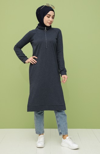 Fermuarlı Reglan Kol Tunik 3150-26 Koyu İndigo