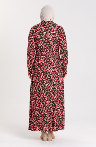 Büyük Beden Desenli Kuşaklı Elbise 4553-03 Siyah Mercan
