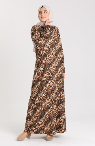Büyük Beden Desenli Kuşaklı Elbise 4553A-02 Kahverengi
