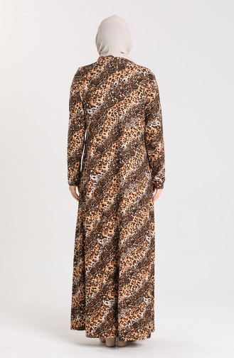 Büyük Beden Desenli Kuşaklı Elbise 4553A-02 Kahverengi