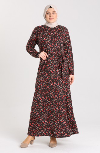 Plus Size Pattern Belted Dress 4553b-02 Black Red 4553B-02