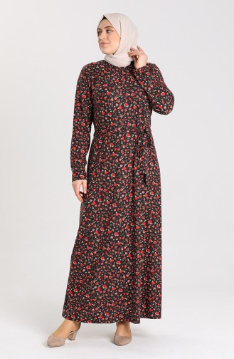 Plus Size Pattern Belted Dress 4553b-02 Black Red 4553B-02