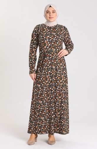 Büyük Beden Desenli Kuşaklı Elbise 4553D-01 Siyah Kahverengi