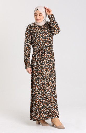 Büyük Beden Desenli Kuşaklı Elbise 4553D-01 Siyah Kahverengi