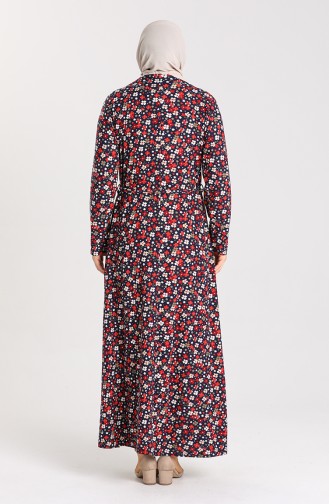 Büyük Beden Desenli Kuşaklı Elbise 4553D-02 Lacivert