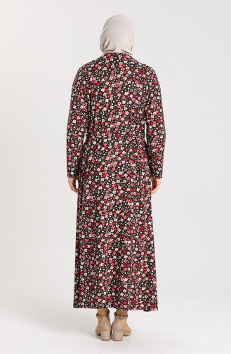 Büyük Beden Desenli Kuşaklı Elbise 4553D-03 Siyah Fuşya