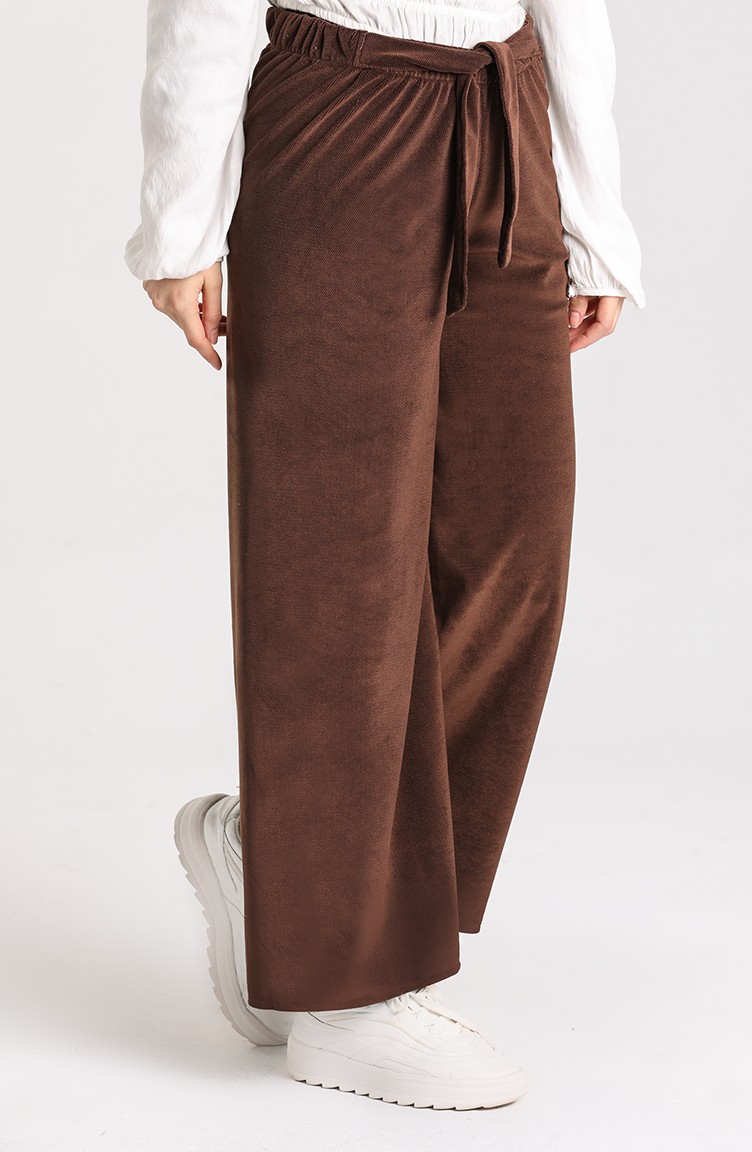 Bağcıklı Kadife Pantolon 9034-09 Kahverengi