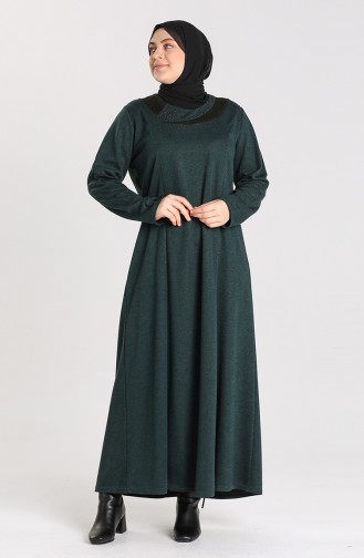 Büyük Beden Taş Baskılı Elbise 4440-02 Zümrüt Yeşili