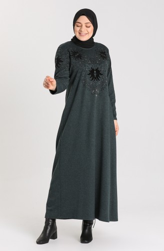 Büyük Beden Taş Baskılı Elbise 4484-01 Zümrüt Yeşili