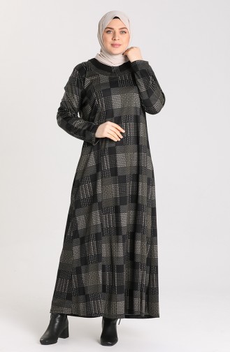 Plus Size Patterned Dress 4873-04 Black Khaki 4873-04