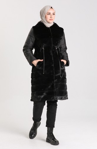 Kapüşonlu Pelüş Kaban 0435-01 Siyah