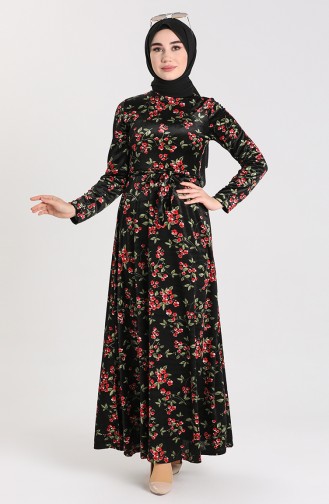 Çiçek Desenli Elbise 1495-01 Siyah