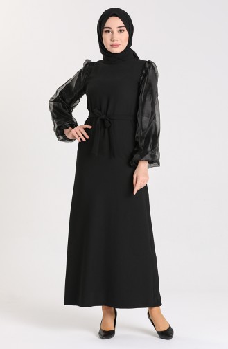 Organze Kol Kuşaklı Elbise 0123-01 Siyah