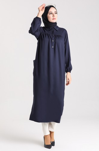 Long Tunic with Pleated Pockets 21k8168-01 Navy Blue 21K8168-01