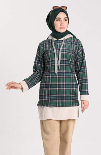 Ekose Desenli Sweatshirt 9027B-01 Zümrüt Yeşil