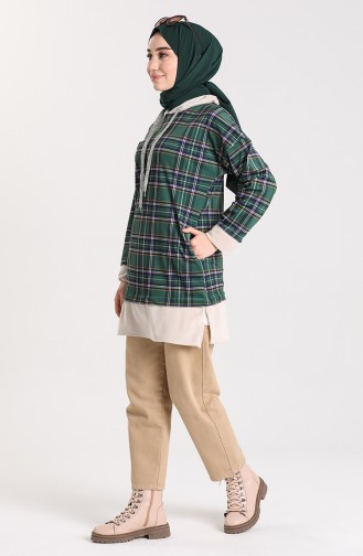 Ekose Desenli Sweatshirt 9027B-01 Zümrüt Yeşil