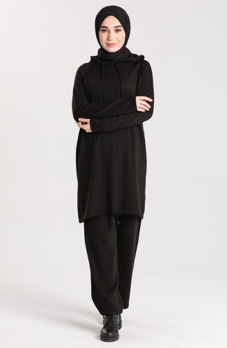 Triko Kapüşonlu Tunik Pantolon İkili Takım 4271-02 Siyah