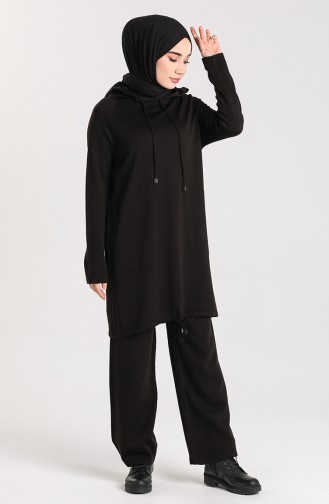 Triko Kapüşonlu Tunik Pantolon İkili Takım 4271-02 Siyah