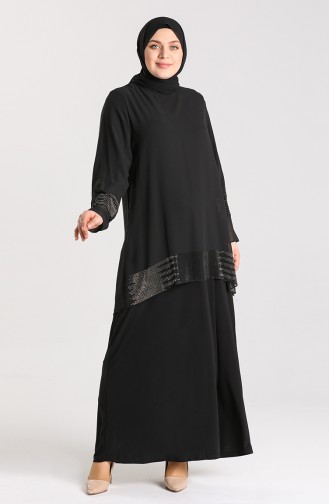Plus Size Stone Printed Evening Dress 9300-02 Black 9300-02