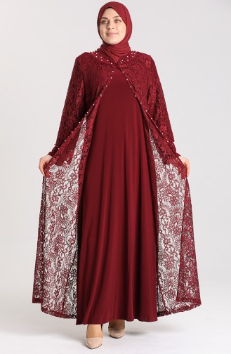 Plus Size Lace Covering Pearl Evening Dress 9355-05 Burgundy 9355-05