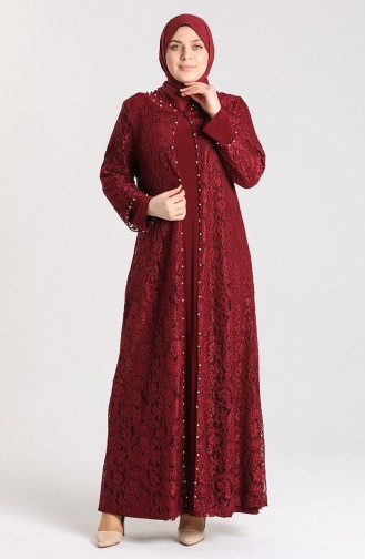 Plus Size Lace Covering Pearl Evening Dress 9355-05 Burgundy 9355-05