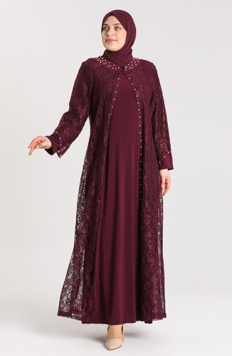 Plus Size Lace-plated Pearl Evening Dress 9355-07 Plum 9355-07