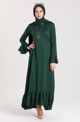 Eteği Büzgülü Elbise 5082-02 Zümrüt Yeşili