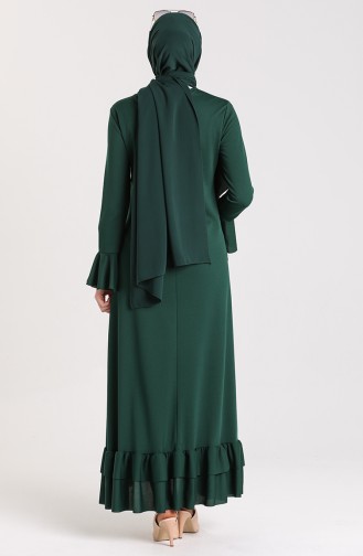 Eteği Büzgülü Elbise 5082-02 Zümrüt Yeşili