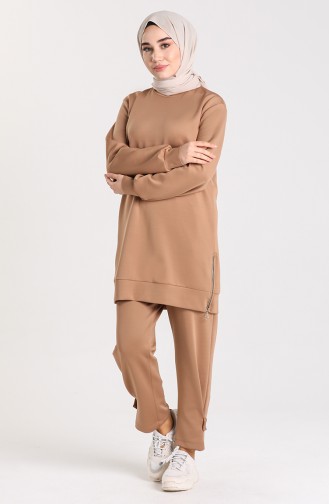 Zipper Detailed Tunic Trousers Double Suit 1149-01 Milk Coffee 1149-01
