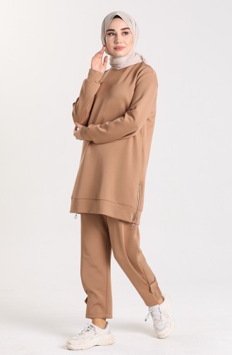 Zipper Detailed Tunic Trousers Double Suit 1149-01 Milk Coffee 1149-01
