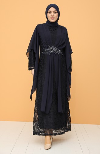 Navy Blue İslamitische Avondjurk 9364-04