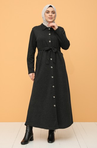 Büyük Beden Boydan Düğmeli Kuşaklı Elbise 0800-01 Siyah