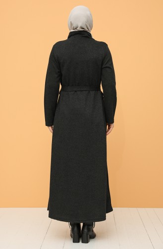 Büyük Beden Boydan Düğmeli Kuşaklı Elbise 0800-01 Siyah