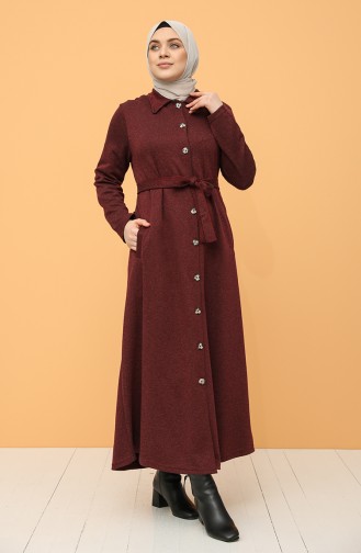 Plus Size Buttoned Belted Dress 0800-04 Claret Red 0800-04