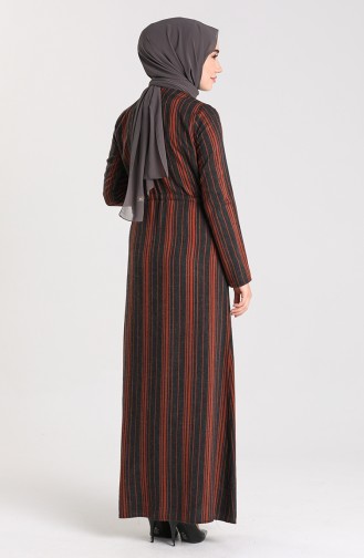 Beli Büzgülü Çizgili Elbise 3240-01 Kiremit