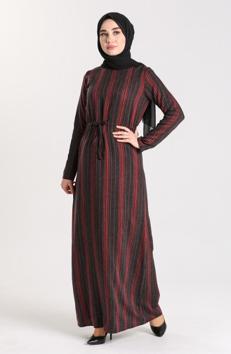 Gathered waist Striped Dress 3240-03 Burgundy 3240-03