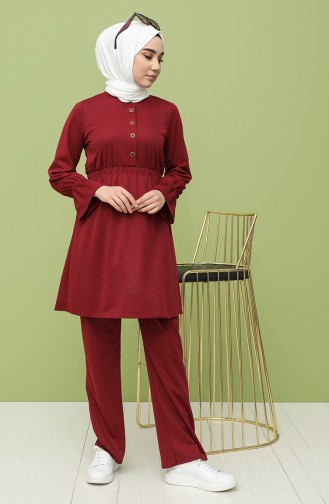 Beli Lastikli Tunik Pantolon İkili Takım 5060-02 Bordo