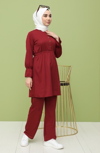 Beli Lastikli Tunik Pantolon İkili Takım 5060-02 Bordo