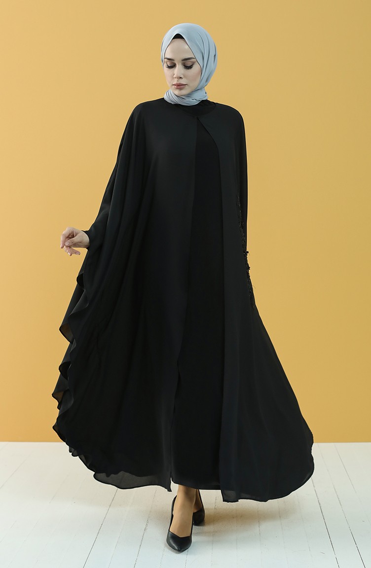 Dantelli Abaya Elbise İkili Takım 8013-01 Siyah
