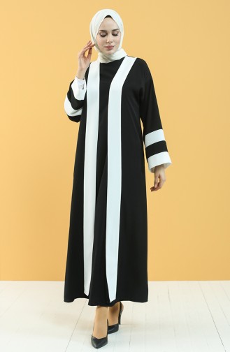 Şeritli Abaya Elbise İkili Takm 8022-01 Siyah Beyaz