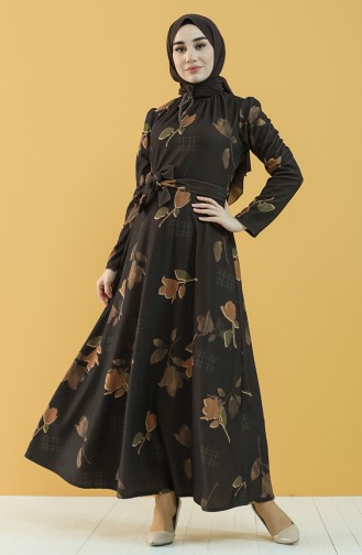 Floral Pattern Belted Dress 5233-01 Black 5233-01