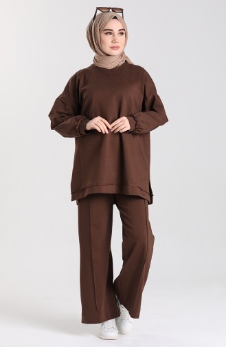 Yarasa Kol Tunik Pantolon İkili Takım 11204-03 Kahverengi